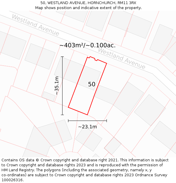 50, WESTLAND AVENUE, HORNCHURCH, RM11 3RX: Plot and title map