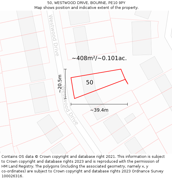 50, WESTWOOD DRIVE, BOURNE, PE10 9PY: Plot and title map