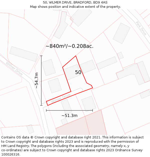 50, WILMER DRIVE, BRADFORD, BD9 4AS: Plot and title map