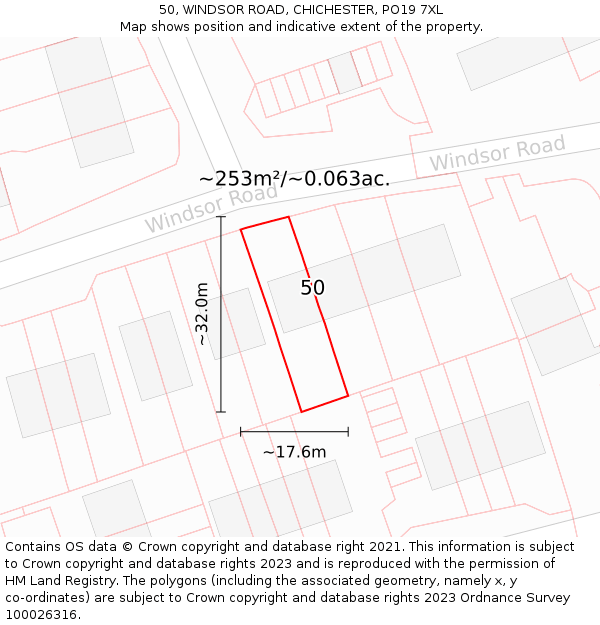 50, WINDSOR ROAD, CHICHESTER, PO19 7XL: Plot and title map
