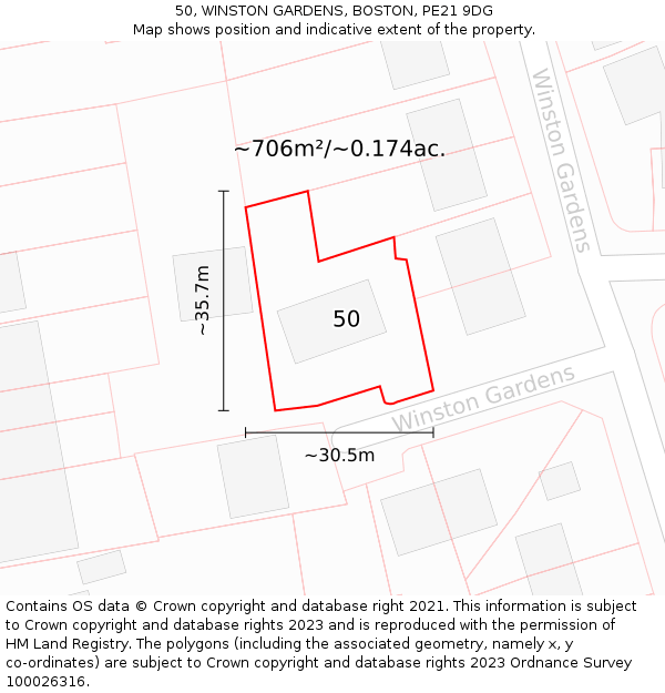 50, WINSTON GARDENS, BOSTON, PE21 9DG: Plot and title map