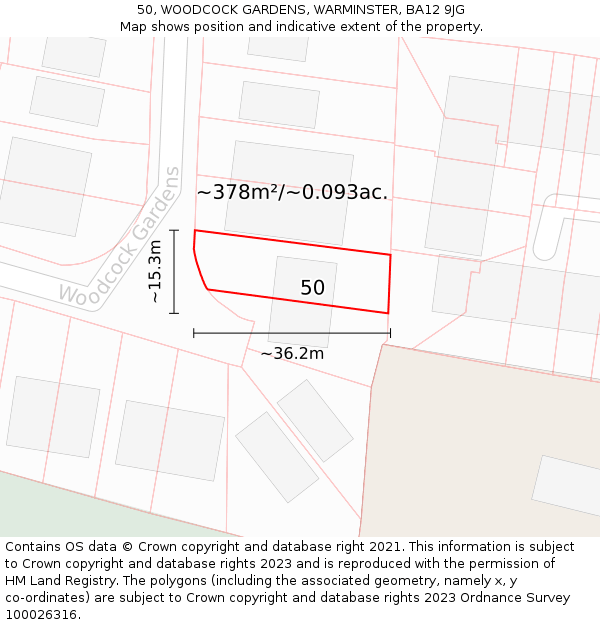 50, WOODCOCK GARDENS, WARMINSTER, BA12 9JG: Plot and title map