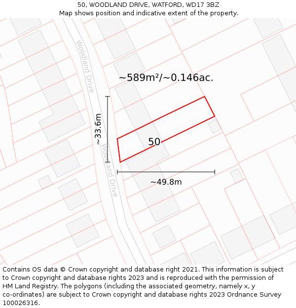 50, WOODLAND DRIVE, WATFORD, WD17 3BZ: Plot and title map