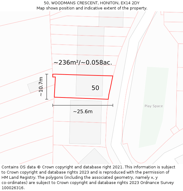 50, WOODMANS CRESCENT, HONITON, EX14 2DY: Plot and title map