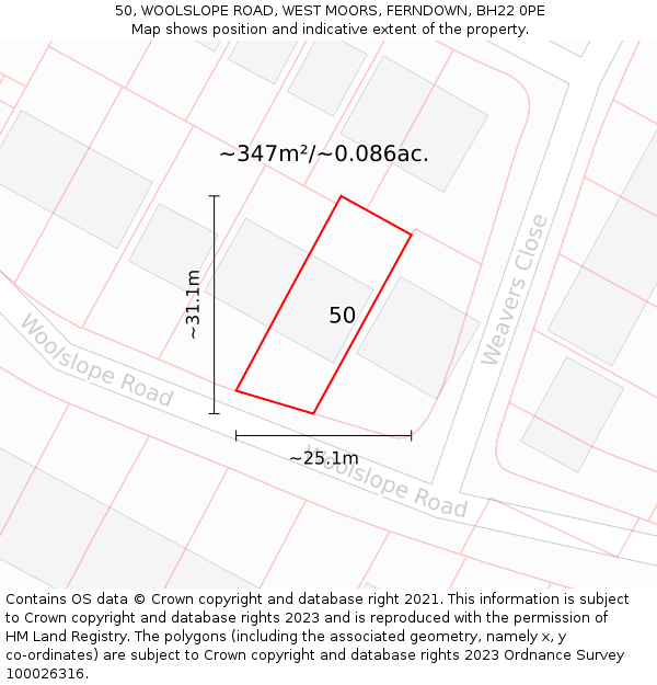 50, WOOLSLOPE ROAD, WEST MOORS, FERNDOWN, BH22 0PE: Plot and title map