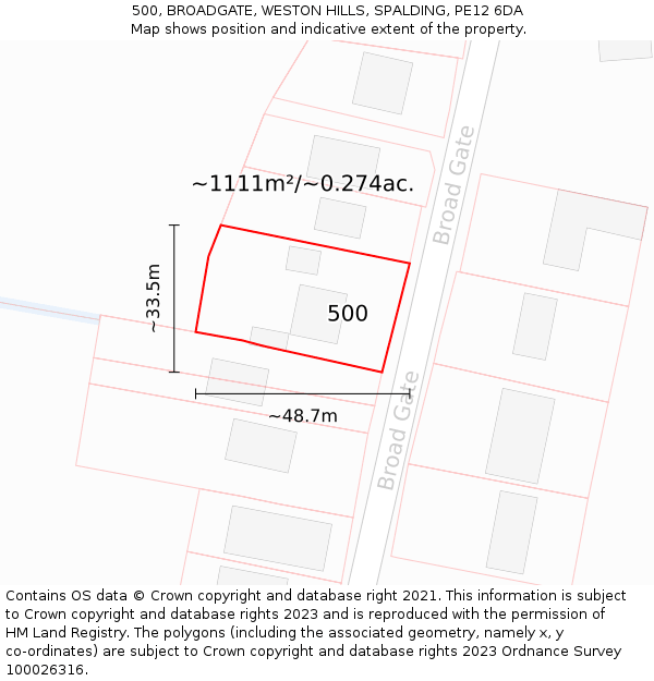 500, BROADGATE, WESTON HILLS, SPALDING, PE12 6DA: Plot and title map