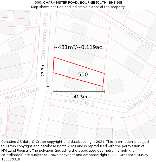 500, CHARMINSTER ROAD, BOURNEMOUTH, BH8 9SJ: Plot and title map