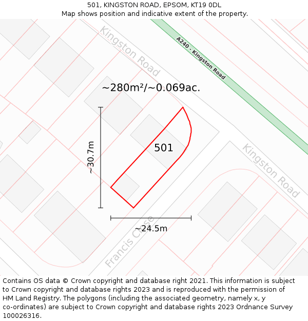 501, KINGSTON ROAD, EPSOM, KT19 0DL: Plot and title map