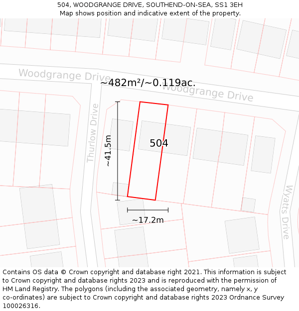 504, WOODGRANGE DRIVE, SOUTHEND-ON-SEA, SS1 3EH: Plot and title map