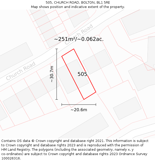 505, CHURCH ROAD, BOLTON, BL1 5RE: Plot and title map
