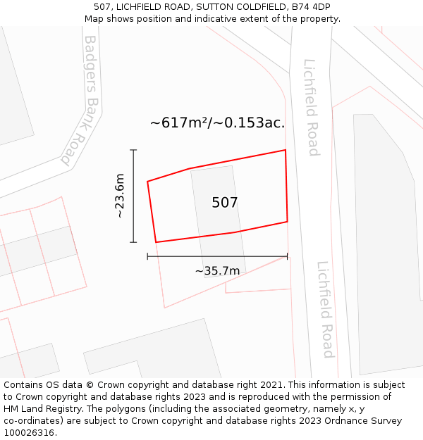 507, LICHFIELD ROAD, SUTTON COLDFIELD, B74 4DP: Plot and title map