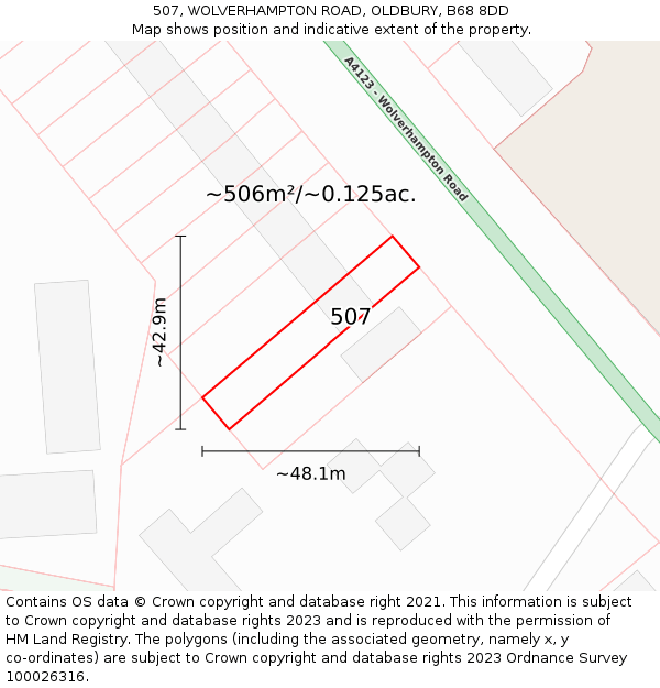 507, WOLVERHAMPTON ROAD, OLDBURY, B68 8DD: Plot and title map