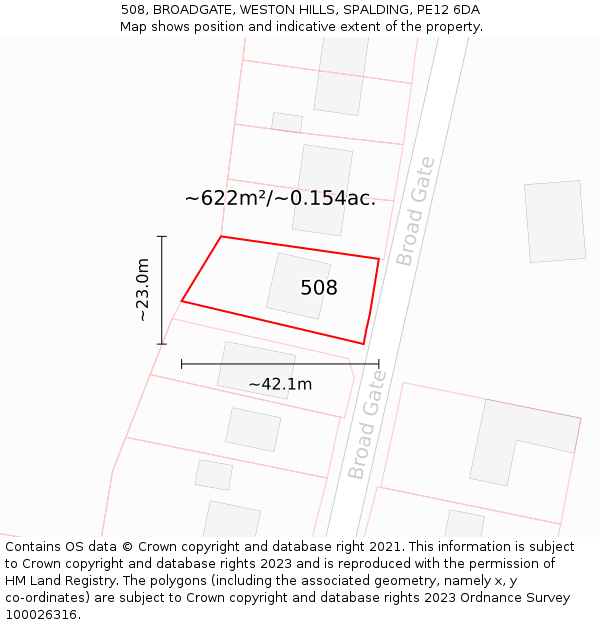 508, BROADGATE, WESTON HILLS, SPALDING, PE12 6DA: Plot and title map