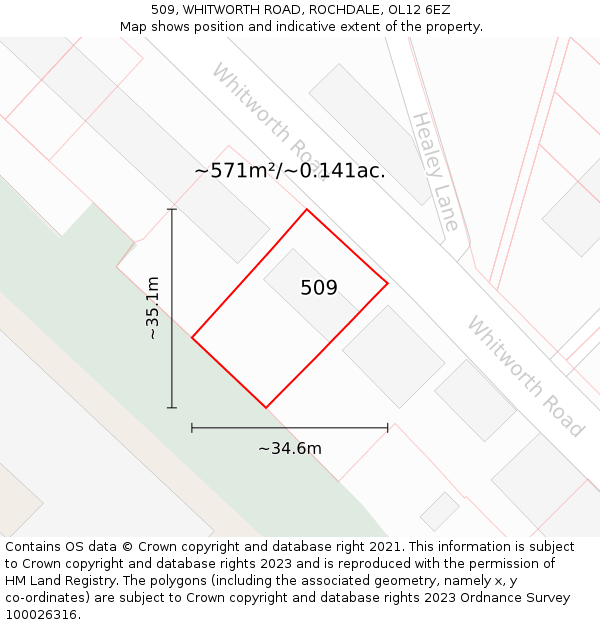 509, WHITWORTH ROAD, ROCHDALE, OL12 6EZ: Plot and title map