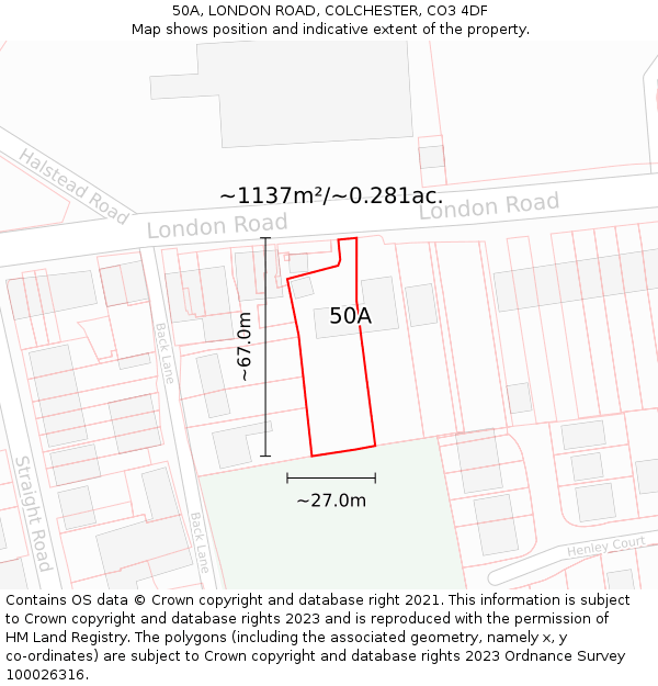 50A, LONDON ROAD, COLCHESTER, CO3 4DF: Plot and title map