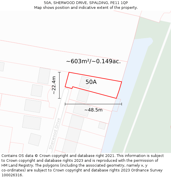 50A, SHERWOOD DRIVE, SPALDING, PE11 1QP: Plot and title map