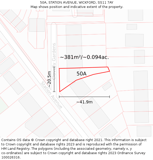50A, STATION AVENUE, WICKFORD, SS11 7AY: Plot and title map