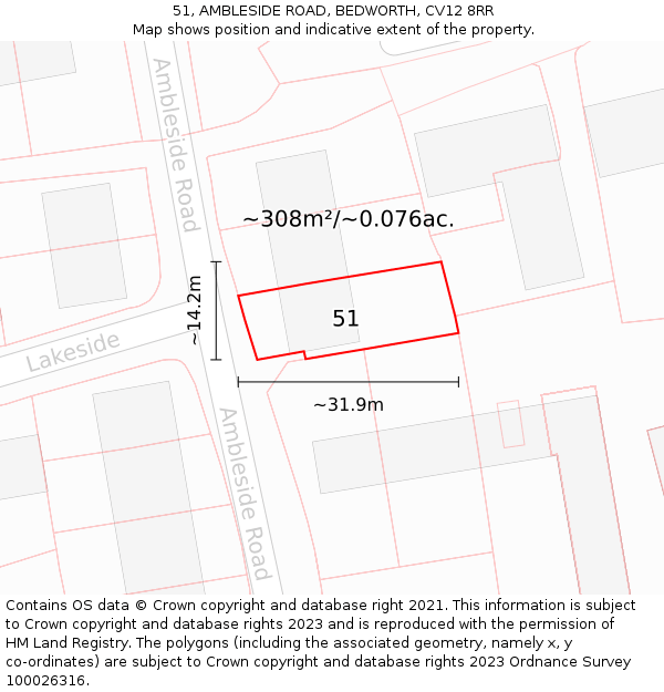 51, AMBLESIDE ROAD, BEDWORTH, CV12 8RR: Plot and title map