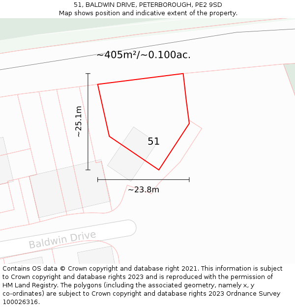 51, BALDWIN DRIVE, PETERBOROUGH, PE2 9SD: Plot and title map