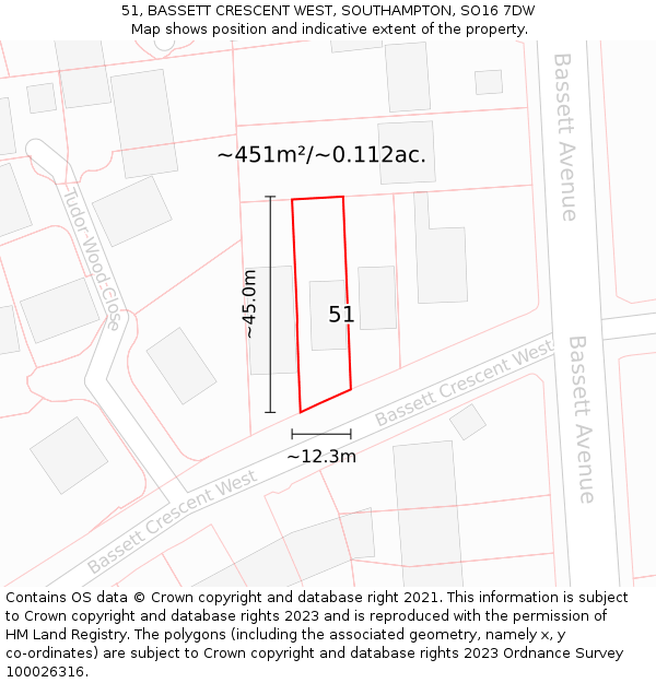 51, BASSETT CRESCENT WEST, SOUTHAMPTON, SO16 7DW: Plot and title map