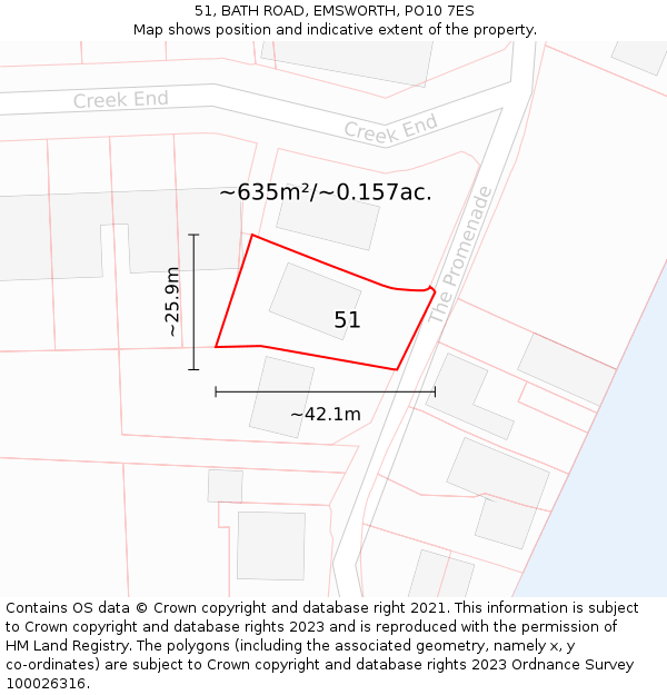 51, BATH ROAD, EMSWORTH, PO10 7ES: Plot and title map