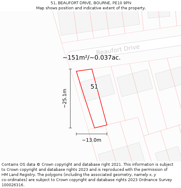 51, BEAUFORT DRIVE, BOURNE, PE10 9PN: Plot and title map