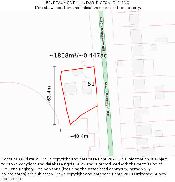 51, BEAUMONT HILL, DARLINGTON, DL1 3NQ: Plot and title map