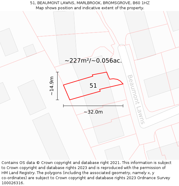 51, BEAUMONT LAWNS, MARLBROOK, BROMSGROVE, B60 1HZ: Plot and title map