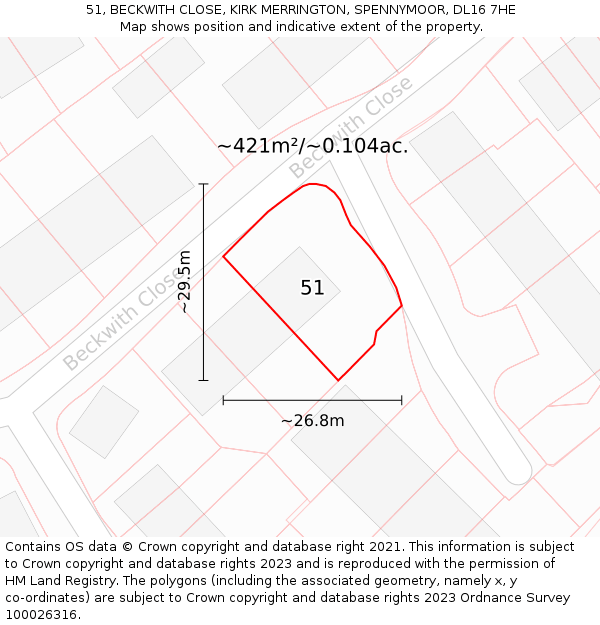 51, BECKWITH CLOSE, KIRK MERRINGTON, SPENNYMOOR, DL16 7HE: Plot and title map
