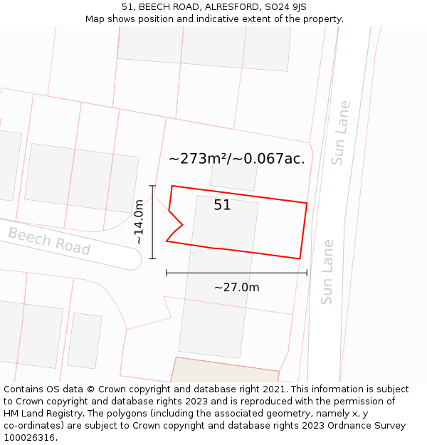 51, BEECH ROAD, ALRESFORD, SO24 9JS: Plot and title map