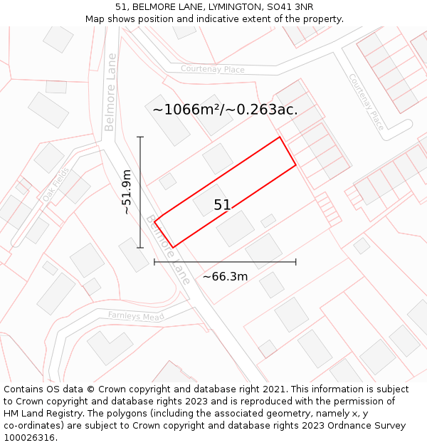 51, BELMORE LANE, LYMINGTON, SO41 3NR: Plot and title map