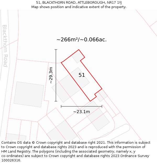 51, BLACKTHORN ROAD, ATTLEBOROUGH, NR17 1YJ: Plot and title map