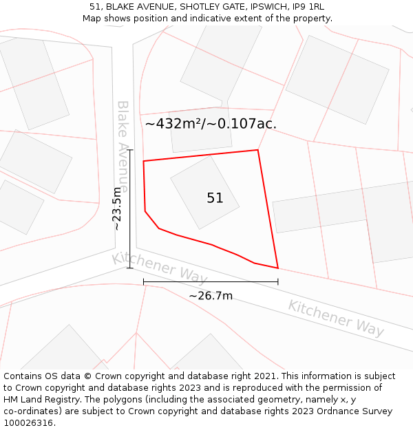 51, BLAKE AVENUE, SHOTLEY GATE, IPSWICH, IP9 1RL: Plot and title map