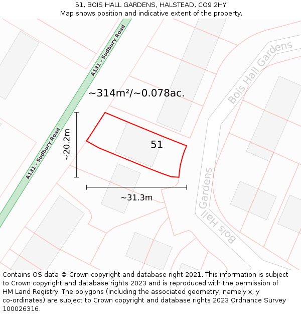 51, BOIS HALL GARDENS, HALSTEAD, CO9 2HY: Plot and title map