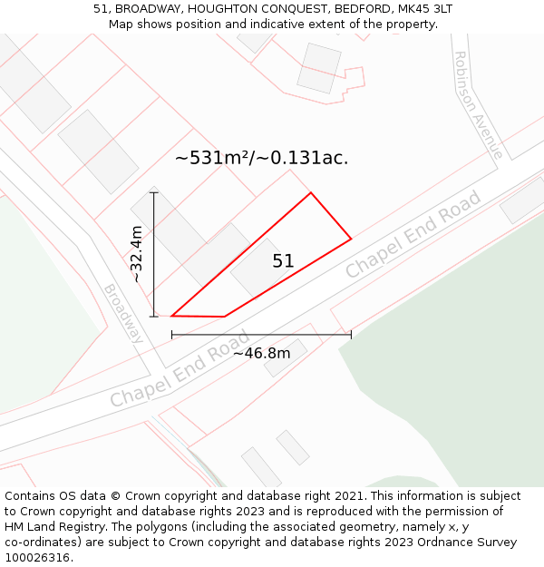 51, BROADWAY, HOUGHTON CONQUEST, BEDFORD, MK45 3LT: Plot and title map