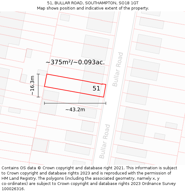 51, BULLAR ROAD, SOUTHAMPTON, SO18 1GT: Plot and title map