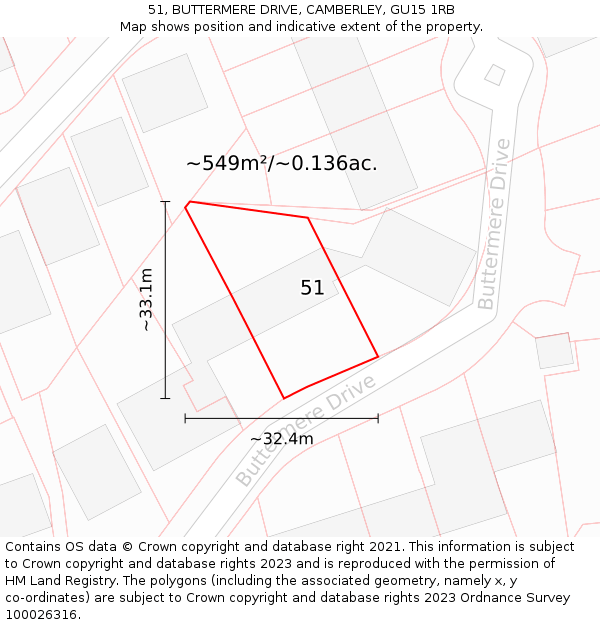 51, BUTTERMERE DRIVE, CAMBERLEY, GU15 1RB: Plot and title map