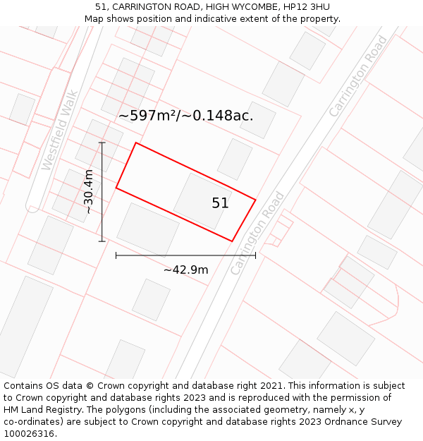 51, CARRINGTON ROAD, HIGH WYCOMBE, HP12 3HU: Plot and title map