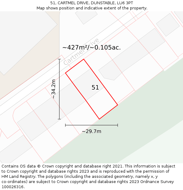 51, CARTMEL DRIVE, DUNSTABLE, LU6 3PT: Plot and title map