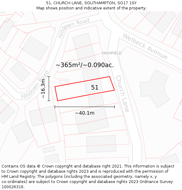 51, CHURCH LANE, SOUTHAMPTON, SO17 1SY: Plot and title map