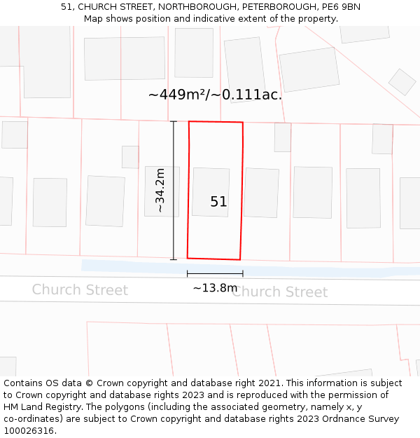 51, CHURCH STREET, NORTHBOROUGH, PETERBOROUGH, PE6 9BN: Plot and title map