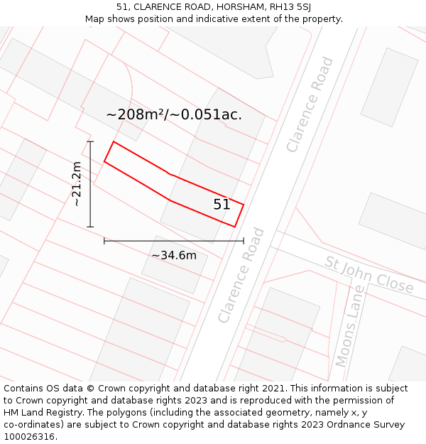 51, CLARENCE ROAD, HORSHAM, RH13 5SJ: Plot and title map