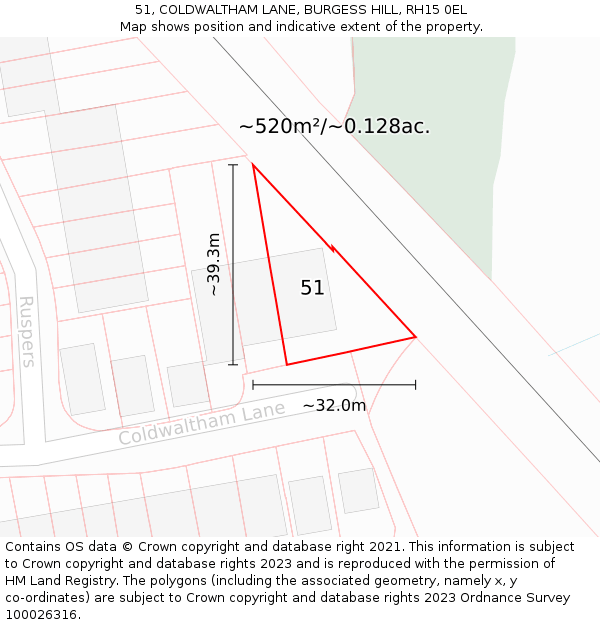 51, COLDWALTHAM LANE, BURGESS HILL, RH15 0EL: Plot and title map