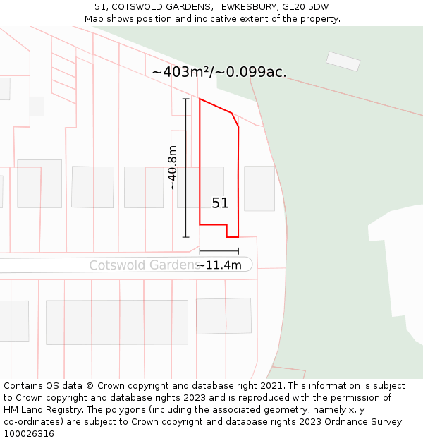 51, COTSWOLD GARDENS, TEWKESBURY, GL20 5DW: Plot and title map