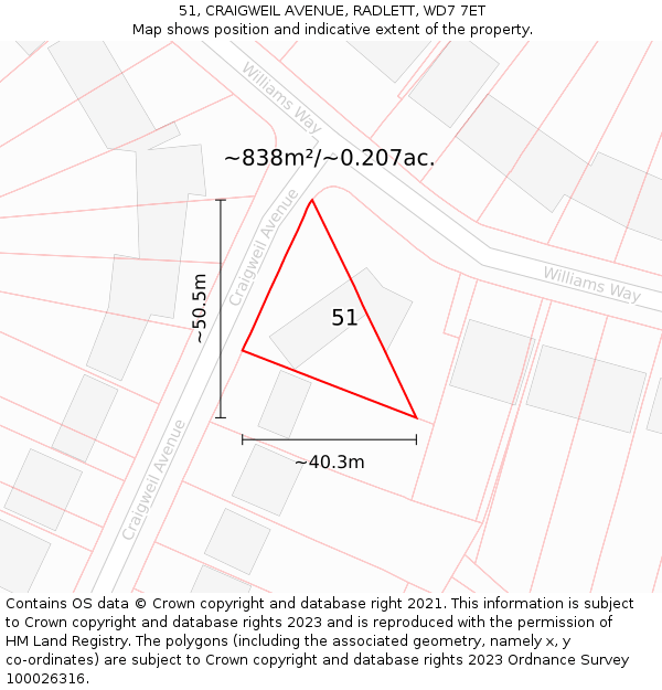 51, CRAIGWEIL AVENUE, RADLETT, WD7 7ET: Plot and title map