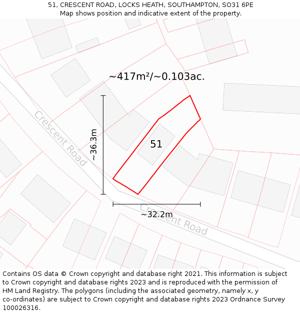 51, CRESCENT ROAD, LOCKS HEATH, SOUTHAMPTON, SO31 6PE: Plot and title map