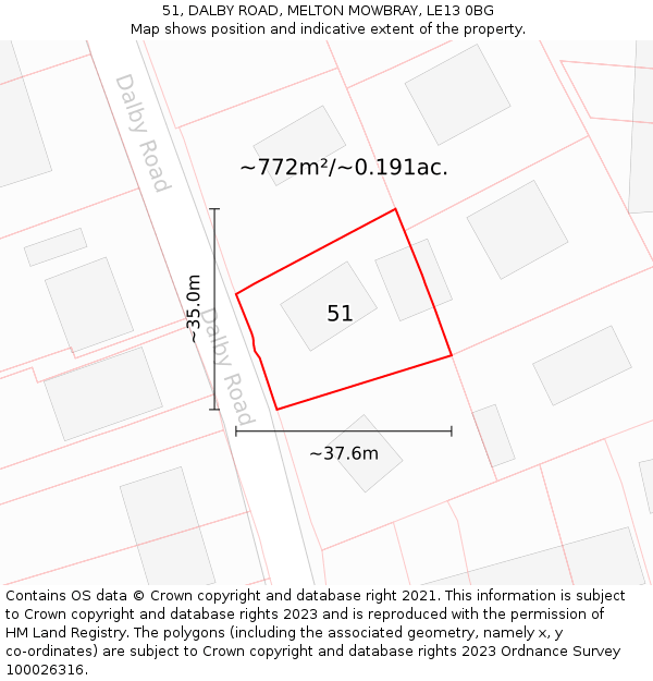 51, DALBY ROAD, MELTON MOWBRAY, LE13 0BG: Plot and title map