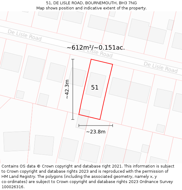 51, DE LISLE ROAD, BOURNEMOUTH, BH3 7NG: Plot and title map