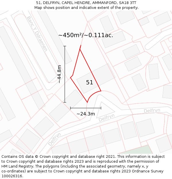 51, DELFRYN, CAPEL HENDRE, AMMANFORD, SA18 3TT: Plot and title map