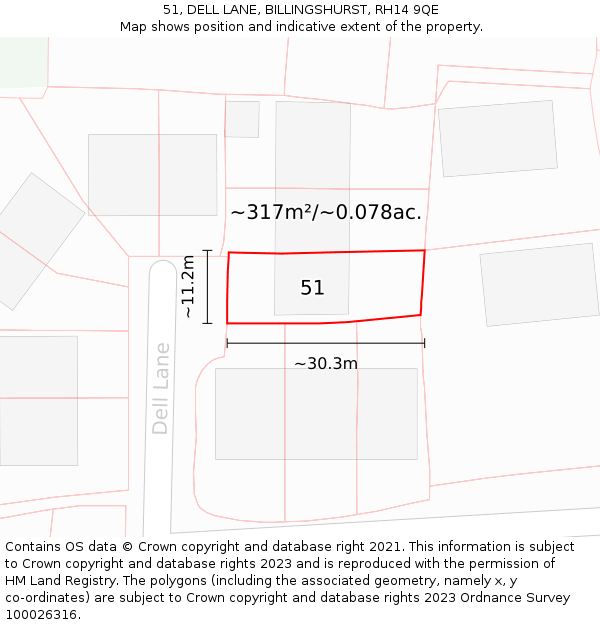 51, DELL LANE, BILLINGSHURST, RH14 9QE: Plot and title map